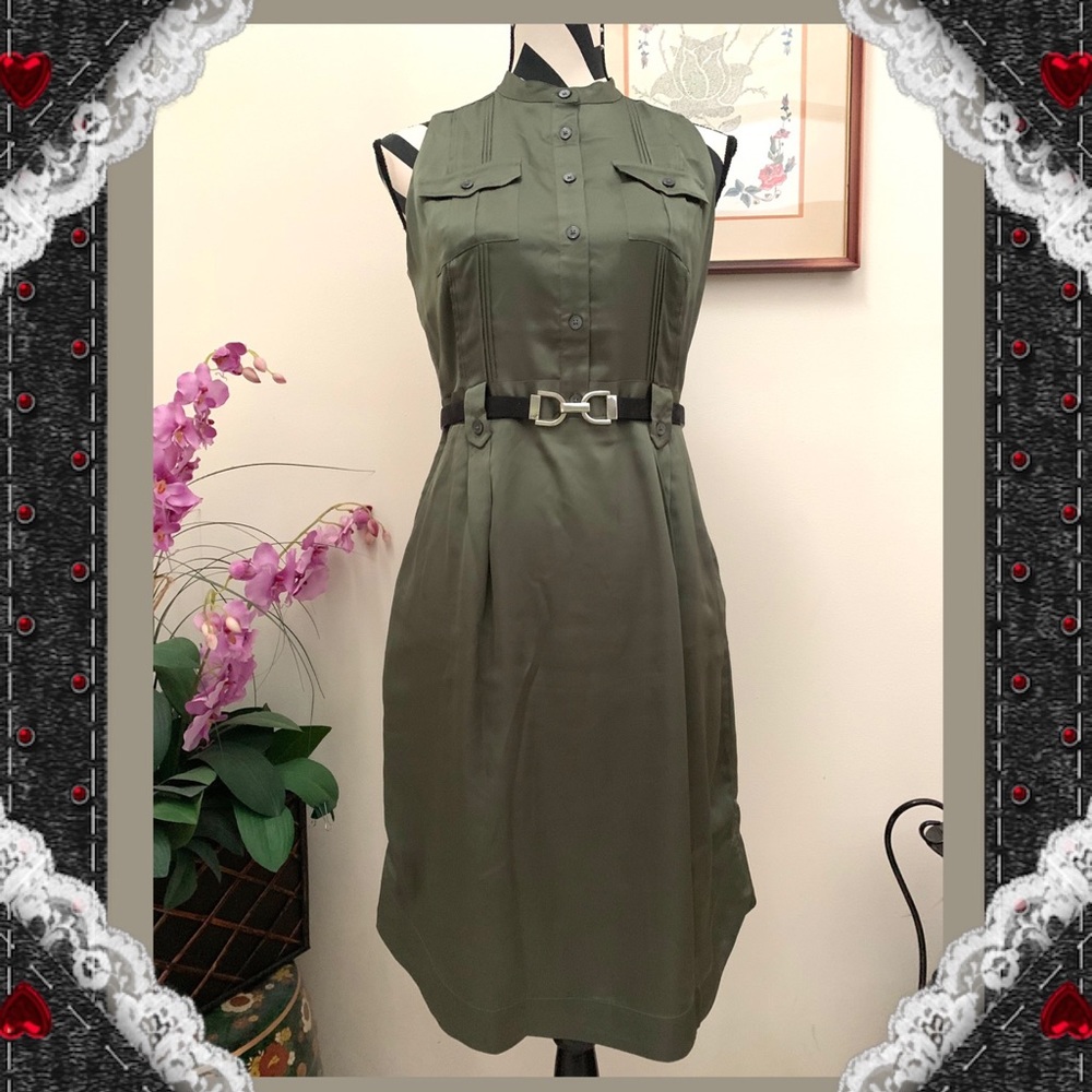 Banana Republic Satin Olive Belted Shirt Dress